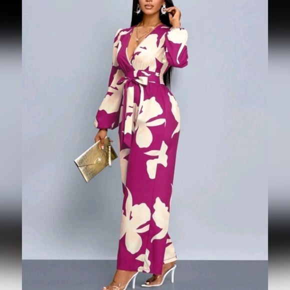 For Everyday Wear Elegant Allover Print Lantern Sleeve Wide Leg Jumpsui - Picture 1 of 6